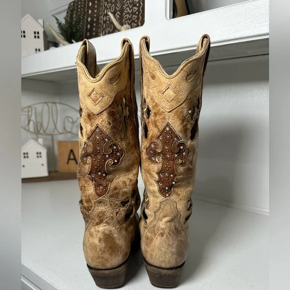 Corral Boots Women’s 6M Tan Distressed Leather Cross Cutout Western Cowboy Boots - Picture 6 of 9